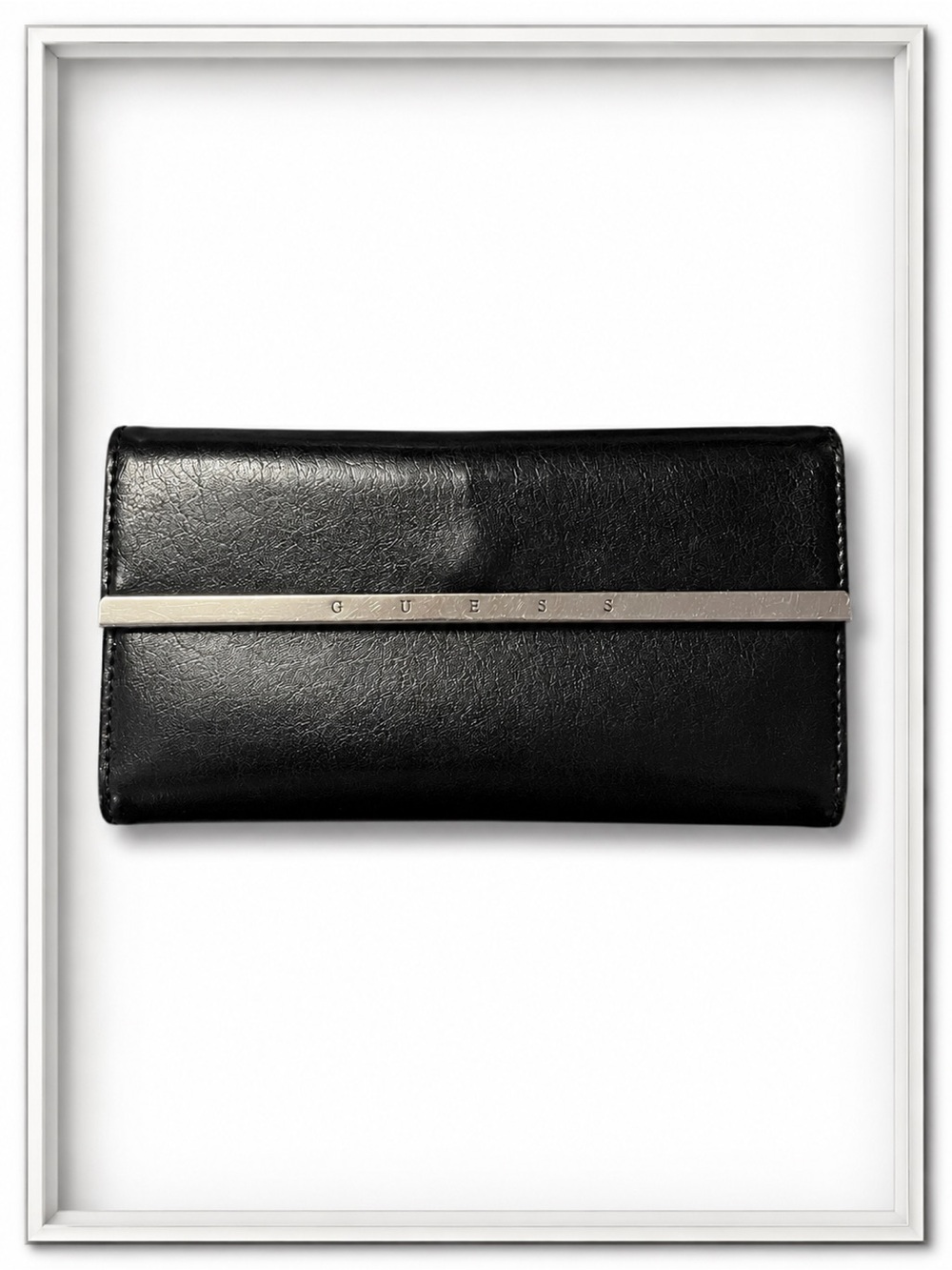 GUESS Black Leather Slim Clutch Wallet Silver Bar Logo